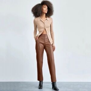 Aritzia Babaton Command Pant Vegan Leather High Waist Trouser Patina Brown 14